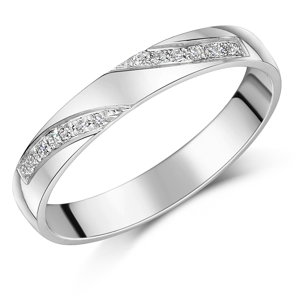 9ct White Gold Court Waves Design set with 0.07ct Round Diamond 3mm Ring
